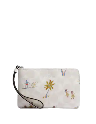 Coach Corner Zip Wristlet In Signature Canvas With Hula Print