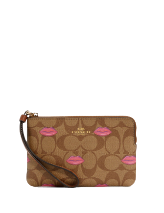 Coach Corner Zip Wristlet In Signature Canvas With Lips Print