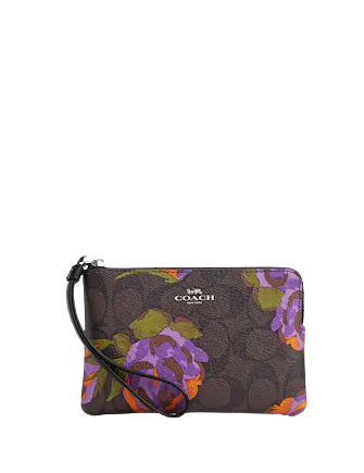 Coach Corner Zip Wristlet In Signature Canvas With Rose Print