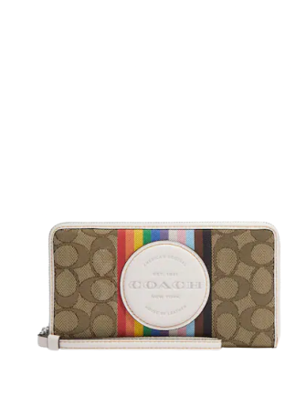 Coach Dempsey Large Phone Wallet In Signature Jacquard With Rainbow Stripe And Coach Patch