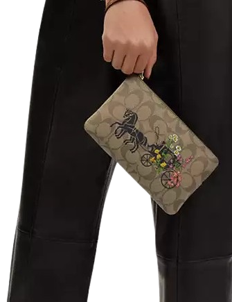 Coach Large Corner Zip Wristlet In Signature Canvas With Floral Horse And Carriage