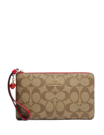 Coach Large Corner Zip Wristlet In Signature Canvas With Strawberry