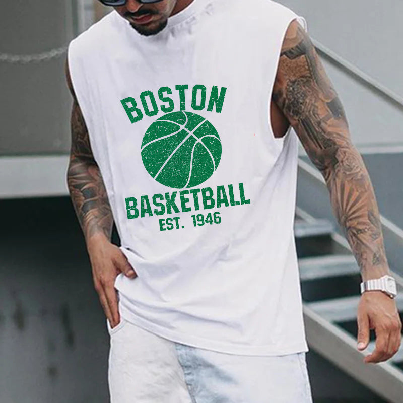 Boston Alphabet Graphic Print Loose Athleisure Men's Tank Top
