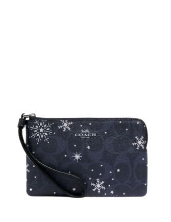 Coach Corner Zip Wristlet In Signature Canvas With Snowflake Print
