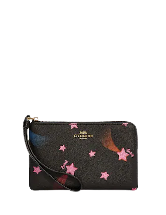Coach Corner Zip Wristlet With Disco Star Print