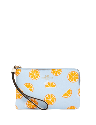 Coach Corner Zip Wristlet With Orange Print