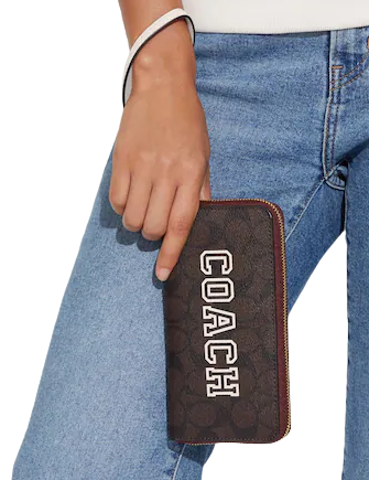 Coach Long Zip Around Wallet In Signature Canvas With Varsity Motif
