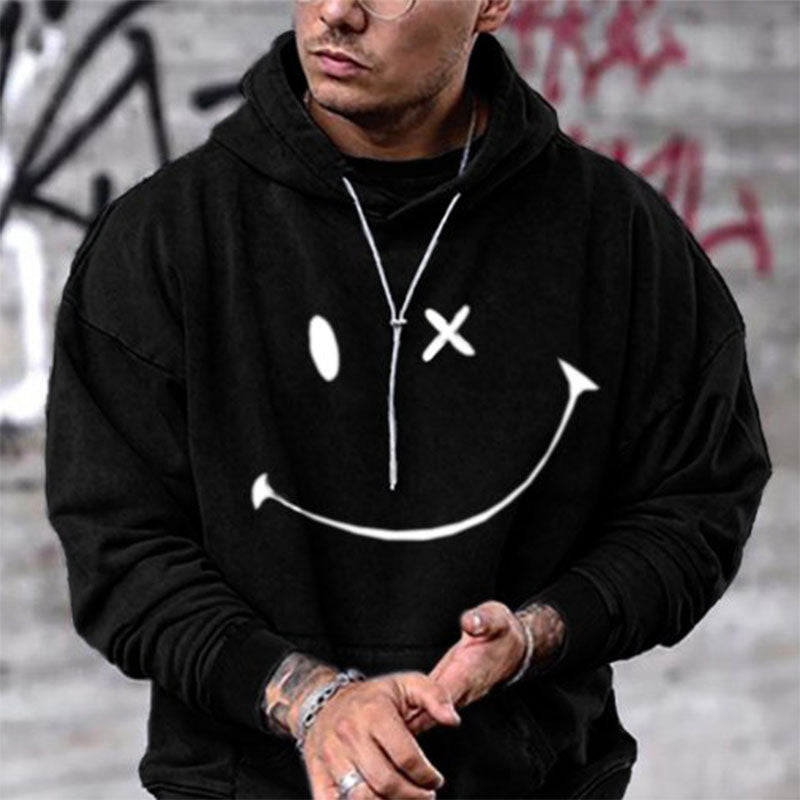 Smile Print Men's Fleece Hoodie Black 320g