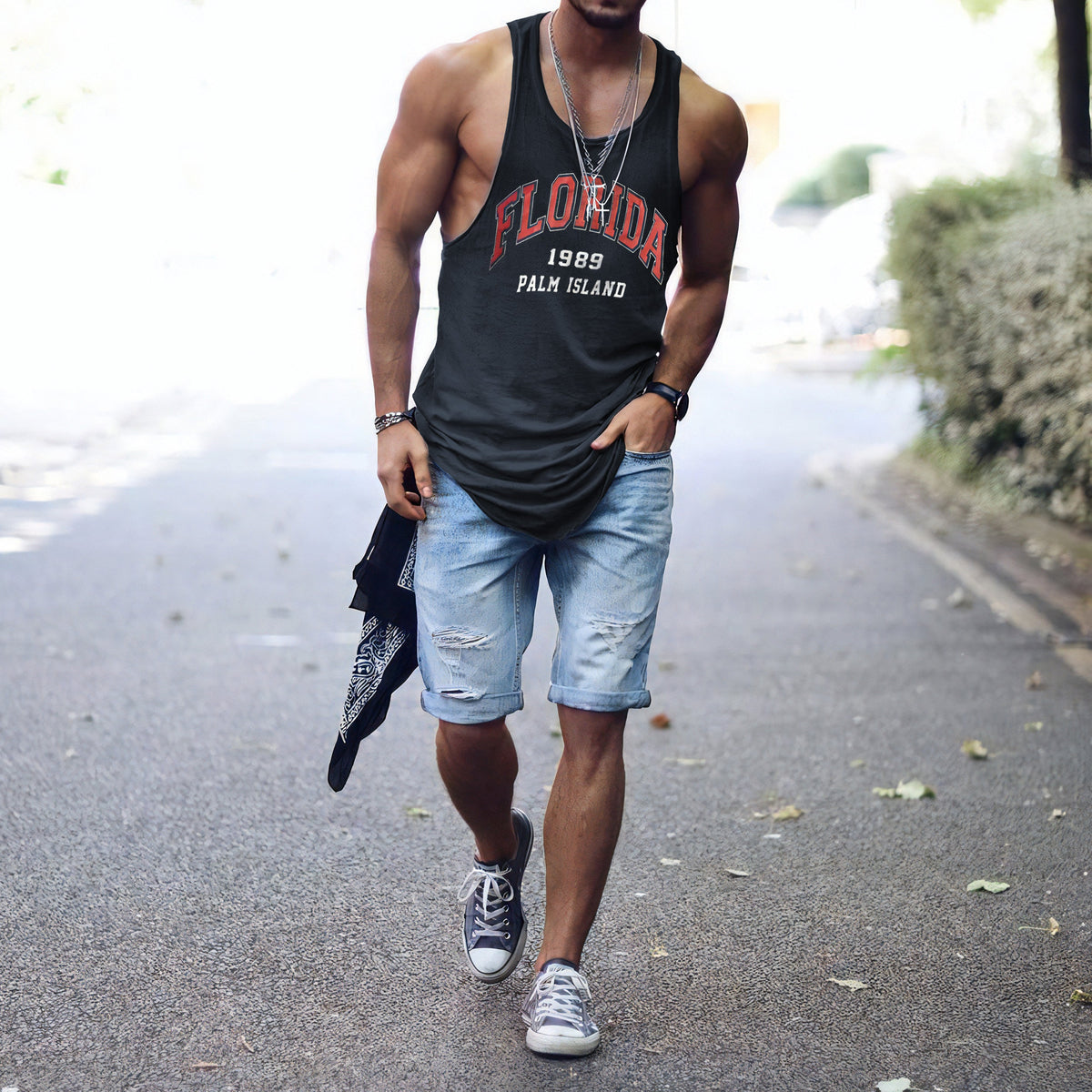 FLORIDA Letter Graphic Print Crew Neck Casual Tank Top