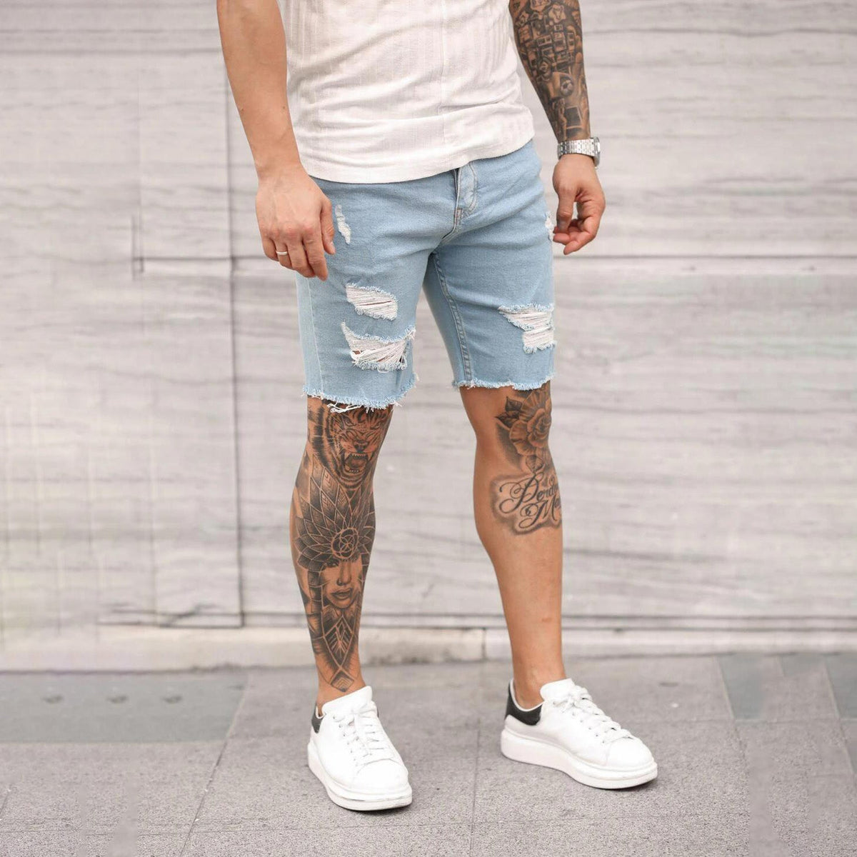 Casual Personality Denim Ripped Shorts Men's Five-point Pants