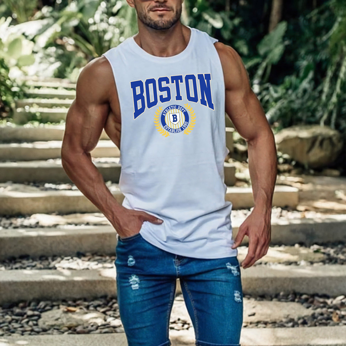 BOSTON Graphic Print Men's Crew Neck Casual Tank Top