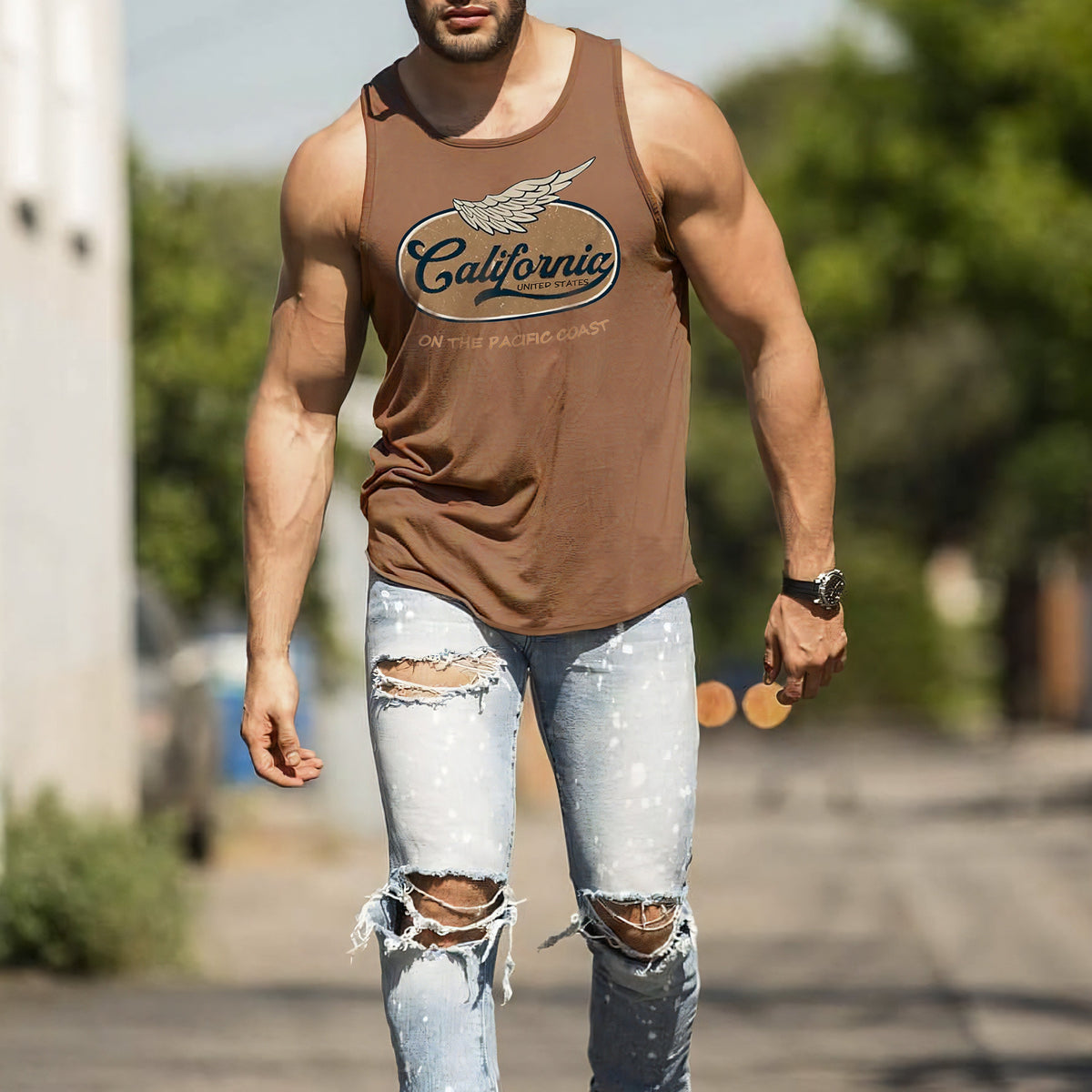 California Graphic Print Men's Crew Neck Tank Top