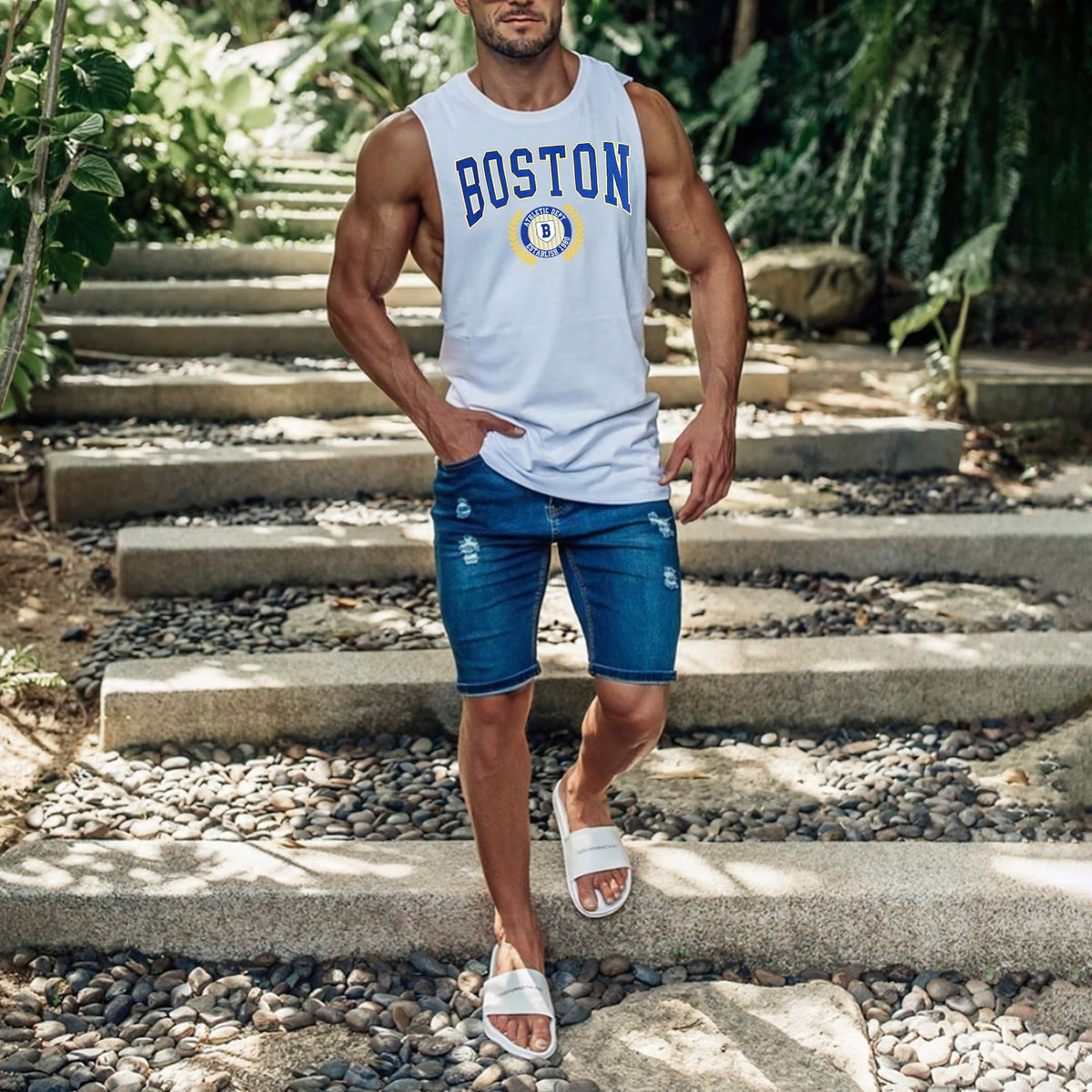 BOSTON Graphic Print Men's Crew Neck Casual Tank Top